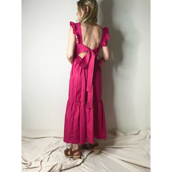 CAARA Ruffle Open Tie Bow Back Cotton Magenta Prairie Maxi Dress NWT US MEDIUM - Picture 8 of 16